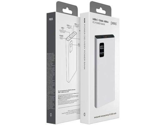 Внешний аккумулятор PERO PB05 10000 mAh, Li-Pol, output USB-C + 2 USB-A,белый